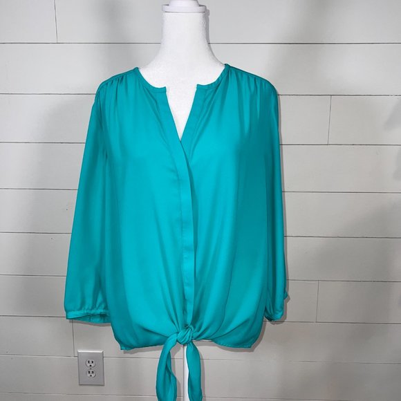 Peter Nygard Turquoise 3/4 Sleeve Button Down Blouse with Tie Waist Size 10 - Picture 2 of 12